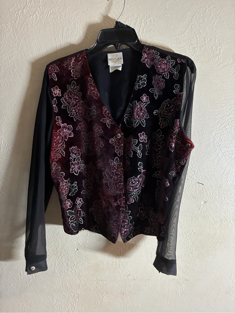 Velvet Floral Button-Front Blouse in Burgundy and Black - Picture 12 of 12